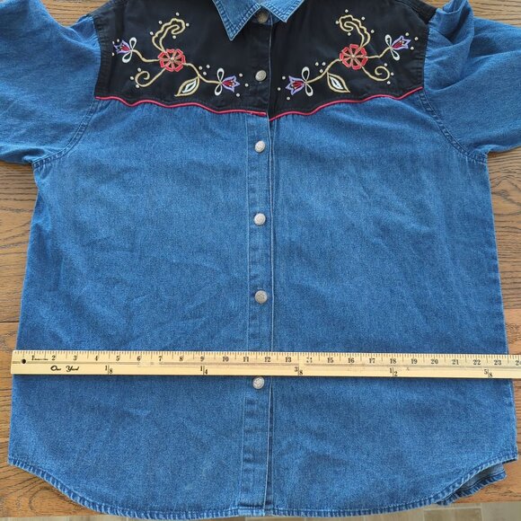 Rhythm Blue Vintage Shirt Western Denim Velvet Embroidered Floral Women L - Picture 10 of 14
